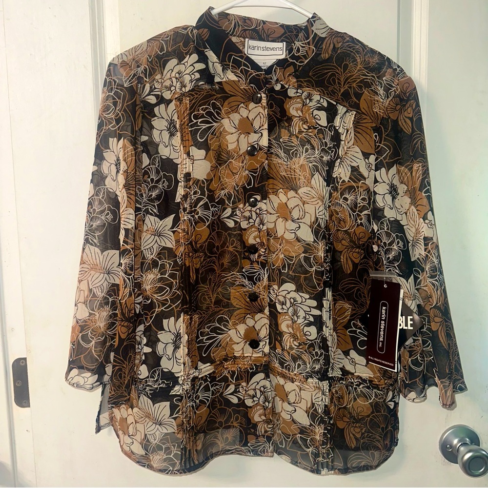 🌸 Karin Stevens Sheer Floral Blouse – NWT – Size 12 🌸